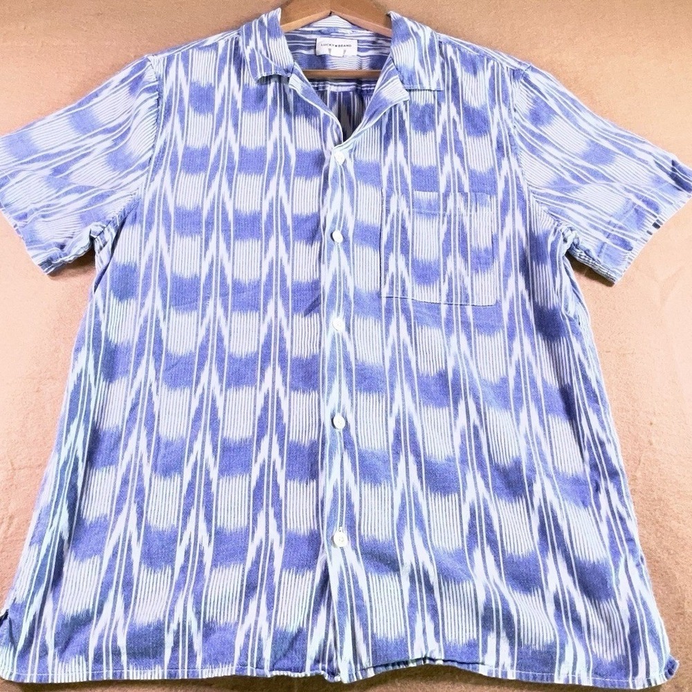 Lucky Brand Mens Blue White Ikat Camp Collar Short Sleeve Button Down Shirt M